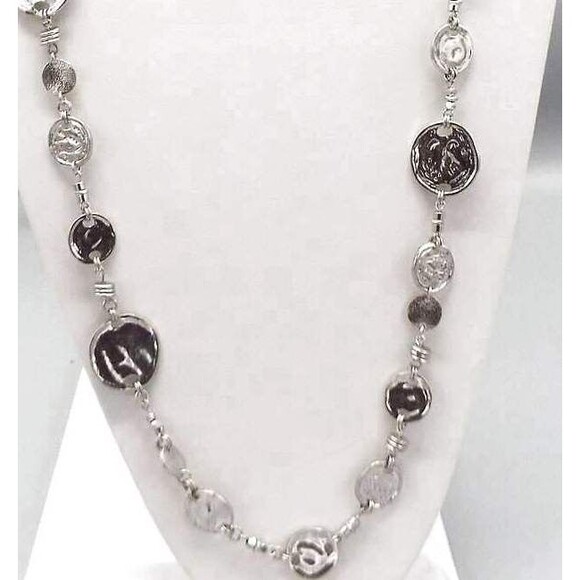 Chico's Silver Tone Hammered Graduated Mixed Circles 45 inch Long Necklace - Picture 2 of 4